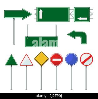 Straßenschilder auf Stangen gesetzt. Grüne Metall leere Plakatwände für Autobahn isoliert auf weiß. Vektorgrafiken für Stadtstraßen, Stadtverkehr, d Stock Vektor