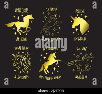 Vektor-Set von handgezeichneten Einhorn Silhouette Zitate isoliert auf schwarzem Hintergrund. Beschriftungsillustrationen bündeln sich mit Sternen und Glitzer Stock Vektor