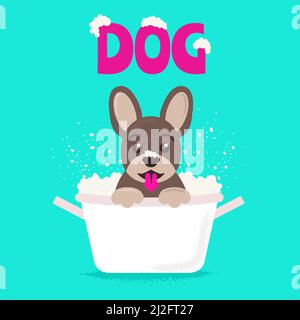 Niedlicher Hund sitzt in einer Badewanne mit Schaum und Bade Stock Vektor
