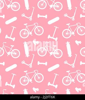 Vektor nahtlose Muster von weißen Fahrrad Skateboard Roller und Sommer-Aktivitäten Sport Silhouette auf rosa Hintergrund isoliert Stock Vektor
