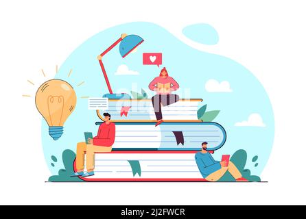 Kleiner Student, der auf dem Bücherstapel sitzt und flache Vektorgrafik liest. Cartoon Bücherwurm Menschen studieren und neue Kenntnisse. Bibliothek, literatur Stock Vektor