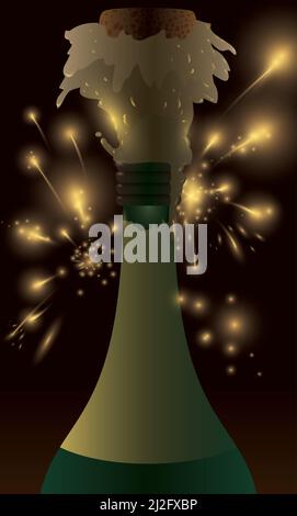 Vertikales Design mit köstlicher Champagner-Flasche knallen den Korken mit Feuerwerk im Hintergrund. Stock Vektor