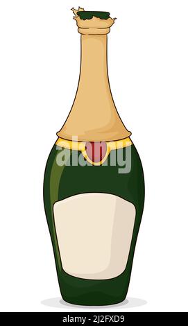 Champagnerflasche mit entfernter Korke und leerem Etikett. Isoliertes Design im Cartoon-Stil. Stock Vektor