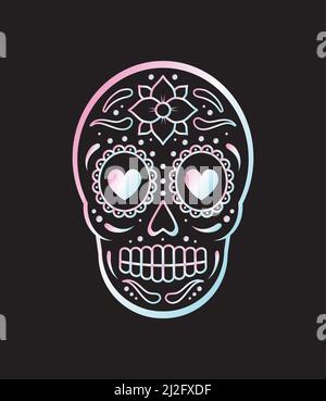 Vektor holographischen mexikanischen Zucker Schädel und Blumen isoliert auf schwarzem Hintergrund. Tag der Toten Illustration Stock Vektor