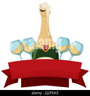 Schablone mit ungekorkter Champagnerflasche, die Schaum ausläuft, Weingläsern und leeren roten Bändern. Stock Vektor