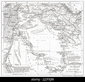 Karte von Nord-Arabien von der Pilgerfahrt nach Nedjed, Wiege der arabischen Rasse von Lady Anna Blunt 1878-1879, Le Tour du Monde 1882 Stockfoto