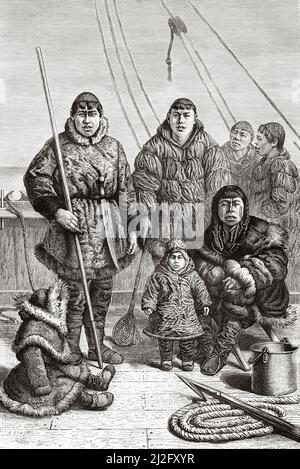 Tschukchi Menschen auf einem Fischerboot, Bering Strait. Arktis, Russland. Die Reise von La Vega durch Asien und Europa von Adolf Erik Nordenskiold 1879-1880, Le Tour du Monde 1882 Stockfoto