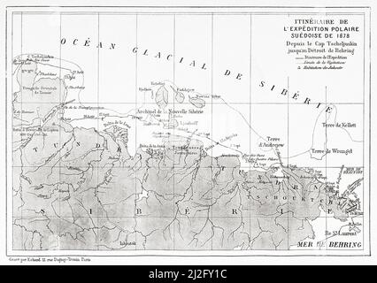 Karte der Route der schwedischen Polarexpedition von 1878, von Kap Chelyuskin bis zur Behring-See. Arktis, Russland. Die Reise von La Vega durch Asien und Europa von Adolf Erik Nordenskiold 1879-1880, Le Tour du Monde 1882 Stockfoto