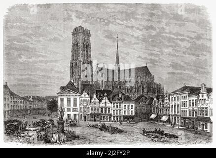 Hauptplatz und Kathedrale der erzbischöflichen Stadt Saint Rumbold, Mechelen, Provinz Antwerpen, Flandern. Belgien, Europa. Reise nach Belgien mit Camille Lemonnier (1844-1913) Le Tour du Monde 1882 Stockfoto