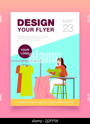 Frau näht neues Kleid auf Nähmaschine. Näherin, Stoff, Kleidung flach Vektor-Illustration. Mode und Handwerk Konzept für Banner, Website de Stock Vektor