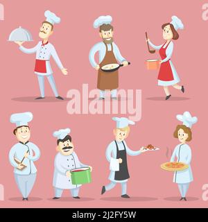 Professionelle Köche kochen Lebensmittel Vektor Illustrationen Set. Cartoon-Figuren in Hüten und Schürzen machen Mahlzeiten isoliert auf rosa Hintergrund. Kulinarisch, CO Stock Vektor