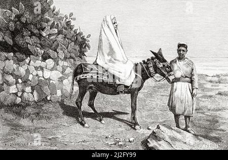 Frau auf einem Esel, Tiberias. Israel, Naher Osten, Orient. Syrien von Charles Louis Lortet (1836-1909) Le Tour du Monde 1882 Stockfoto