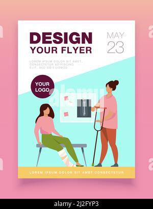 Frau mit verletzten gebrochenen Bein in Gips gegossen sitzt in der Arztpraxis, unter Röntgenaufnahme und Krücke. Vektordarstellung für Trauma, Krankenhaus, Behandlung, Stock Vektor