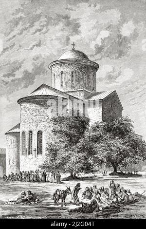 Die Kathedrale des heiligen Apostels Andreas. Die Kathedrale von Pitsunda oder die Kathedrale von Bichvinta ist eine orthodoxe Kathedrale in Pitsunda, im Viertel Gagra. Republik Abchasien. Georgien. Ausflug nach Samourzakan und Abchasien von Carla Serena, 1881. Le Tour du Monde 1882 Stockfoto