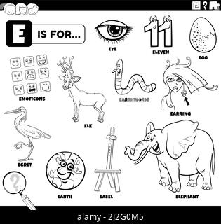 Schwarz-Weiß-Bildungs-Cartoon-Illustration von Comic-Figuren und Objekte beginnend mit Buchstabe E Set für Kinder Malbuch Seite Stock Vektor