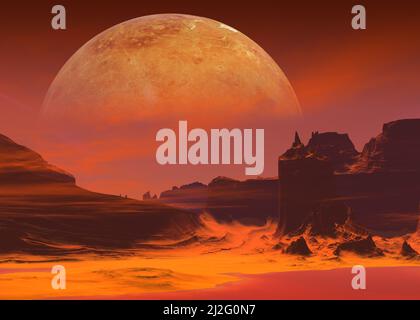 Alien Red Planet Canyon Landschaft und großer Planet, 3D Illustration. Elemente für dieses Bild werden von der NASA zur Verfügung gestellt Stockfoto