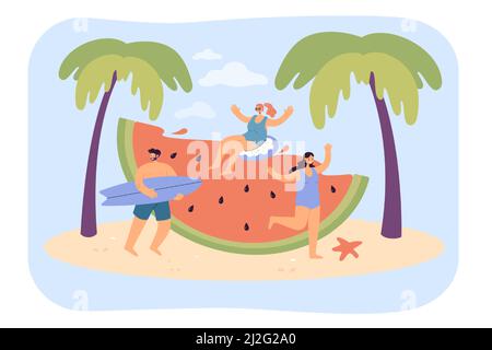 Junge Leute mit riesiger Wassermelone am Strand. Familie oder Gruppe von Freunden, die Spaß am Wasser flache Vektor-Illustration. Strandparty, Reisen, Sommer AC Stock Vektor