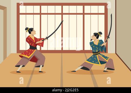 Zwei Comic-Samurai-Charaktere kämpfen sich mit Schwertern. Flache Vektorgrafik. Asiatische Krieger tragen traditionellen Kimono und stehen im Kampf Stock Vektor