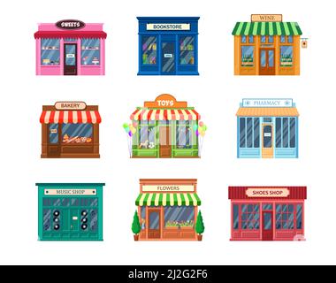 Verschiedene Schaufensterfronten eingestellt. Traditionelle Ladengebäude und Eingang, Café-Fassade, Süßigkeiten, Buchhandlung, Apotheke, Bäckerei, Blumen, Wein, Schuhgeschäfte. Für s Stock Vektor