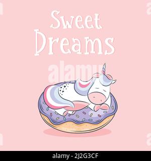 Cute Unicorn Vektor Schlaf auf Kuchen Pony Cartoon für süße Traum Pastell Farbe, Kawaii Tier mit Stern Stock Vektor