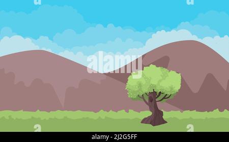 Vektor-Illustration der schönen Sommerlandschaft. Berge, Felder, blauer Himmel, Wolken und grüner Baum. Natur Hintergrund in flachen Cartoon-Stil Stock Vektor