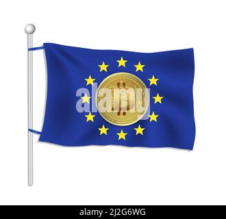 Europäische Union Flagge mit Bitcoin Goldmünze, weißer Hintergrund Raster Stockfoto