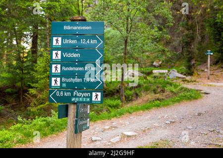 Bergen, Norwegen - 28. Mai 2018: Wahrzeichen auf dem Floyen-Hügelweg. Stockfoto