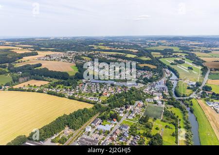 Luftaufnahme, Schürenfeld geplantes Industriegebiet an der Bundesstraße B233 Unnaer Straße im Bezirk Dellwig, Blick auf den Bezirk Langschede und Ein Stockfoto