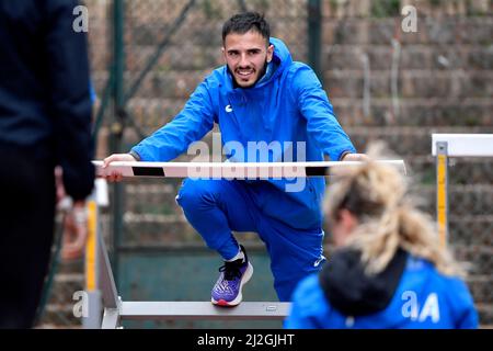 Rom, Italien. 01. April 2022. Der italienische Leichtathletik-Sprinter Lorenzo Patta trainiert am 1.. April 2022 auf dem Trainingsgelände von Paolo Rosi in Rom. Lorenzo Patta ist Mitglied des 4 x 100 m großen Staffelteams mit Goldmedaillen bei den Olympischen Spielen 2020. Foto Andrea Staccioli/Insidefoto Kredit: Insidefoto srl/Alamy Live News Stockfoto