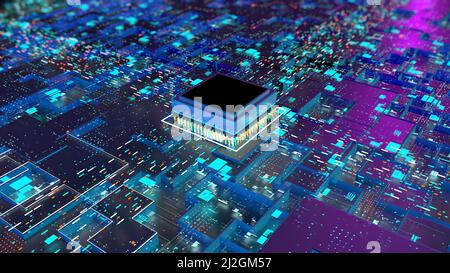 Platine mit einem zentralen Computer Prozessoren CPU, ein funktionierendes digitales Motherboard-Chip mit Tausenden von beleuchteten Verbindungen und eine lila und BL Stockfoto