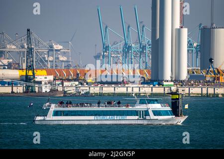 Futureland, Informationszentrum, Museum, Hafenrundfahrt mit der Futureland-Fähre, in der Maasvlakte, über den Bau und den Betrieb der künstlichen Harbe Stockfoto