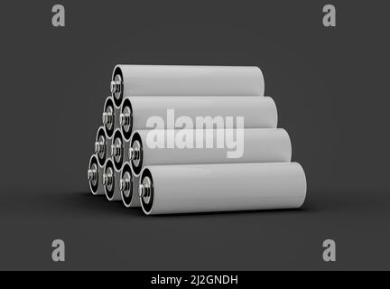 Eine 3D-Darstellung von AA-Batterien auf grauem Hintergrund Stockfoto