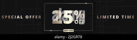 25 Rabatt-Banner. Zeitlich begrenztes Sonderangebot: 25 % Rabatt. Sonderangebot. Luxus-Werbebanner mit goldener Typografie zu fünfundzwanzig Prozent Stock Vektor