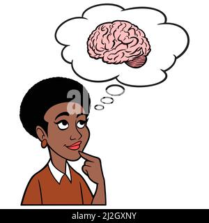 Black Woman Thinking about the Human Brain - Eine Cartoon-Illustration einer schwarzen Frau, die über das menschliche Gehirn denkt. Stock Vektor