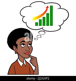 Schwarze Frau, die an die Aktienmarktgewinne denkt – Eine Cartoon-Illustration einer Schwarzen Frau, die an die Aktienmarktgewinne denkt. Stock Vektor