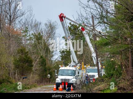 Bedminster, Usa. 01. April 2022. Linemen schneiden Bäume nach Gewittern verursacht großen Schaden an Häusern und Eigentum in der Gegend und klopfte Strom 150 Häuser Freitag, 01. April 2022 in Bedminster, Pennsylvania. Der nationale Wetterdienst untersucht, ob ein Tornado tatsächlich angerührt wurde und die Ursache des Schadens war. Kredit: William Thomas Cain/Alamy Live Nachrichten Stockfoto