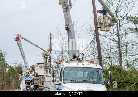 Bedminster, Usa. 01. April 2022. Linemen schneiden Bäume nach Gewittern verursacht großen Schaden an Häusern und Eigentum in der Gegend und klopfte Strom 150 Häuser Freitag, 01. April 2022 in Bedminster, Pennsylvania. Der nationale Wetterdienst untersucht, ob ein Tornado tatsächlich angerührt wurde und die Ursache des Schadens war. Kredit: William Thomas Cain/Alamy Live Nachrichten Stockfoto