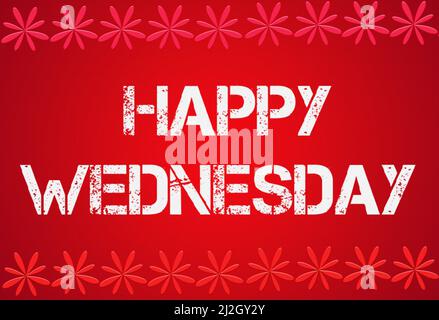 Ein 3D Illustration Happy Wednesday Text isoliert auf rotem Hintergrund mit abstrakten Schneeflocken Stockfoto