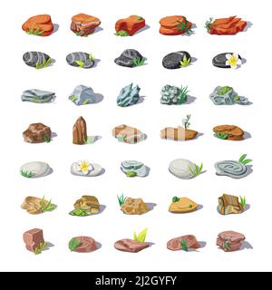 Cartoon bunte Steine mit Felsbrocken Kieselsteine Sandsteine Rubine Pflastersteine gesetzt Felsen von verschiedenen Formen isoliert Vektor-Illustration Stock Vektor