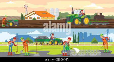 Landwirtschaft und Landwirtschaft horizontale Banner mit Landwirten landwirtschaftlichen Arbeiten Fahrzeuge Und Gerätevektordarstellung Stock Vektor