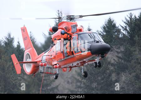 Ein Besatzungsmitglied an Bord eines MH-65 Dolphin Hubschraubers beobachtet die Crew-Mitglieder des kleinen Bootes unter dem Hubschrauber während des Hubtrainings auf dem Umpqua River, nahe Winchester Bay, Oregon, 14. März 2022. Es werden regelmäßig Schulungsmaßnahmen durchgeführt, um sicherzustellen, dass die Such- und Rettungskapazitäten der Küstenwache dem von ihnen erwarteten hohen Standard entsprechen. Stockfoto