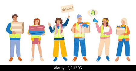 Freiwillige mit Spenden Freiwilligenarbeit Konzept. Charity verschiedene Menschen junge Studenten, altruistische Aktivität Charakter. Hilfe für arme Flüchtlinge in der Ukraine. Philanthropie, Freundlichkeit umreißen Cartoon-Vektor Stock Vektor
