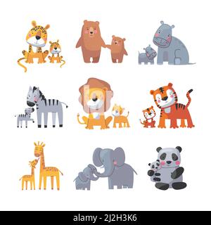 Tier Mutter und Baby, niedlichen Cartoon Familie Set. Vektor-Illustration von Tier glücklich Eltern und kleines Kind, lustige wilde Elefant Giraffe Nashorntiger Bär Stock Vektor