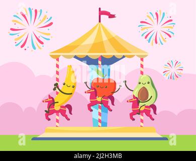 Banane, Apfel und Avocado-Figuren auf dem Chairoplane. Glückliche Früchte mit Spaß auf Party Vektor Illustration. Feuerwerk im Hintergrund. Festival, c Stock Vektor