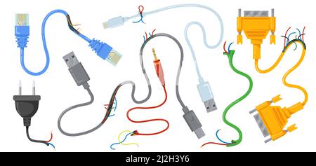 Gebrochene USB-Kabel und Drähte, Vektorgrafik. Beschädigte Stromkreise und Steckverbinder mit isolierten Steckern auf weißem Hintergrund. Strom, ha Stock Vektor