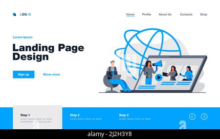 Blogger mit Megaphon-Werberweisungen. Frau mit Sprecher, Videotraining, Seminar flache Vektor-Illustration. Kommunikation, empfehlen Sie einen Freund Konz Stock Vektor