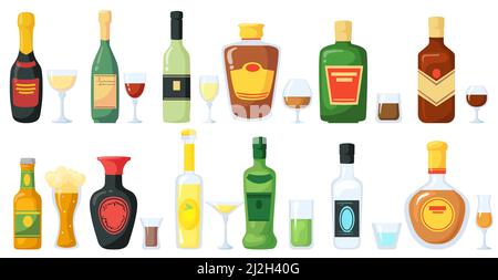 Flaschen mit alkoholischen Getränken mit Gläsern Vektor-Illustration-Set. Spirituosen, Whisky, Wein, Schaumbier, Rum, Wasser in Flaschen mit weißen Etiketten Stock Vektor