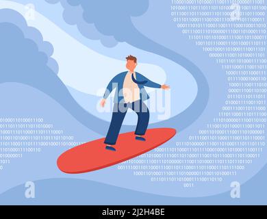 Cartoon Geschäftsmann Surfen auf Wellen von binären Zahlen. Mann erforscht digitale Welt voller Computercodes flache Vektor-Illustration. Herausforderung, Techno Stock Vektor