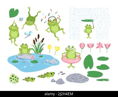 Cartoon Frösche und Kaulquappen flache Vektor-Illustrationen Set. Niedliche grüne Kröten springen, Musik hören, Teich, Felsen, Blätter und Blumen isoliert auf wh Stock Vektor