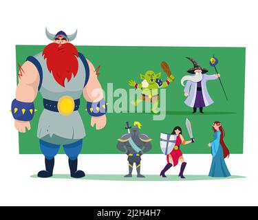 Cartoon Helden und Monster Vektor Illustrationen Set. Riesige Wikinger, Ork, weibliche Kriegerin mit Schwert und Schild isoliert auf grünem Hintergrund. Fantasy-Betrüger Stock Vektor